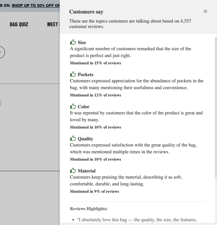 A screenshot showing a summary of the reviews for the Dagne Dover Dakota backpack on the Dagne Dover site